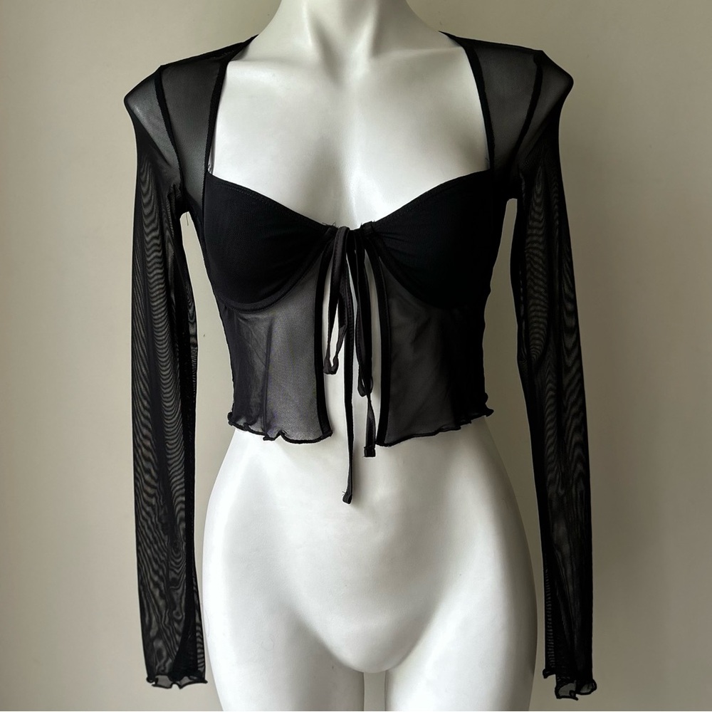 edikted Tie Front Cupped Mesh Top in Black, XS NWT